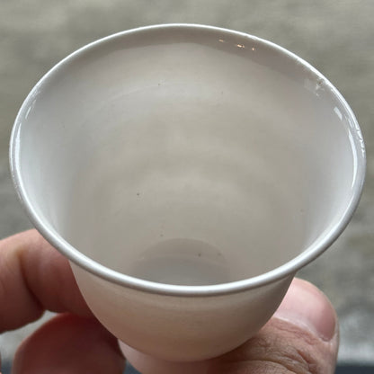 Hand holding a small white ceramic cup against a neutral background