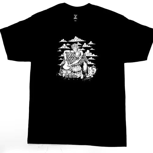 Black t-shirt with white Pot Shed graphic design 