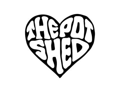 A black and white logo of 'The Pot Shed' designed in the shape of a heart with the text within the heart.