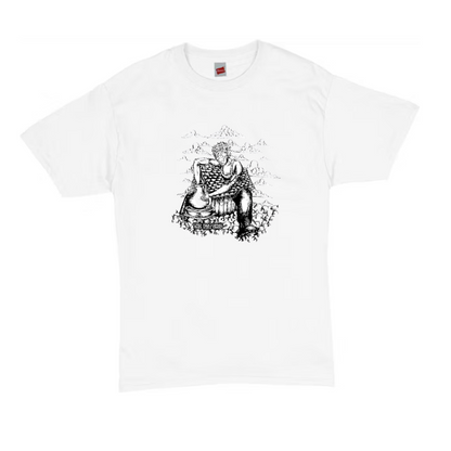 White t-shirt with black graphic pot shed design 